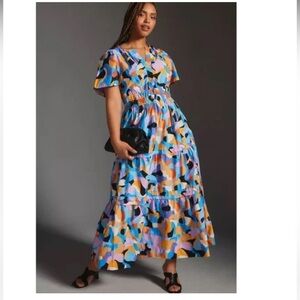 Anthropologie Blue and Orange Ruffled Maxi Dress